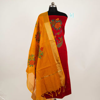 Red Color Office Wear Suit Dress Material fabric with silk dupatta