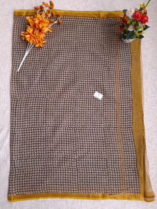 Black Stripes Hand Block Print Kota Doria Cotton Saree with zari border and unstitched Blouse Piece