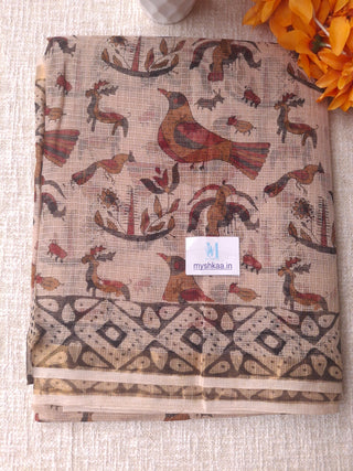 Handblock Print Kota Doria Cotton Saree with Zari border and Unstitched Blouse Piece