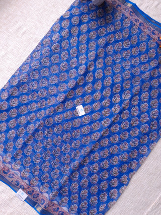 Blue Handblock Print Kota Doria Cotton Saree with Zari Border and Unstitched Blouse Piece