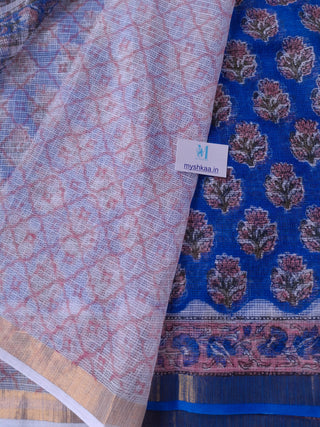 Blue Handblock Print Kota Doria Cotton Saree with Zari Border and Unstitched Blouse Piece