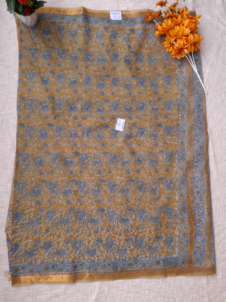 Mustard Hand Block Print Kota Doria Cotton Saree with zari border and unstitched Blouse Piece