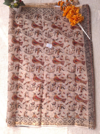 Handblock Print Kota Doria Cotton Saree with Zari border and Unstitched Blouse Piece
