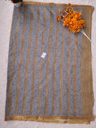 Mustard Hand Block Print Kota Doria Cotton Saree with zari border and unstitched Blouse Piece