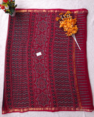 Ajrakh Handblock Print Kota Doria Cotton Saree with Zari Border and Unstitched Blouse Piece