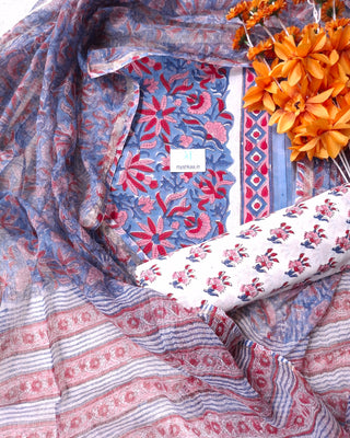 Blue Cotton Handblock Office Wear Suit fabric with Kota Doria Dupatta