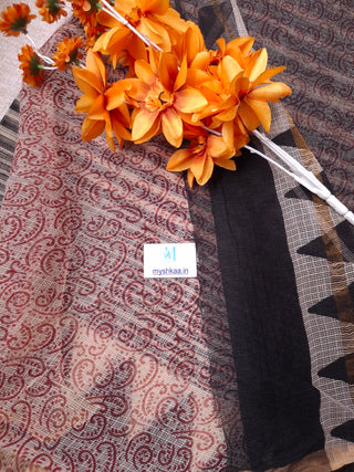 Ajrakh Handblock Print Kota Doria Cotton Saree with Zari Border and Unstitched Blouse Piece