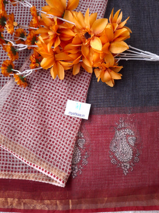 Black Handblock Print Kota Doria Cotton Saree with zari border and unstitched Blouse Piece