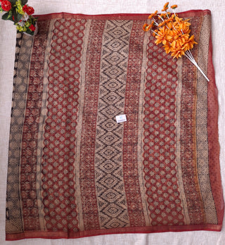 Handblock Print Kota Doria Cotton Saree with Zari border and Unstitched Blouse Piece