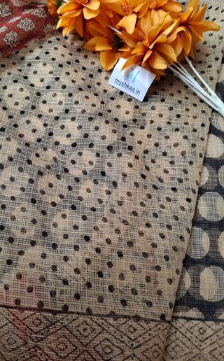 Handblock Print Kota Doria Cotton Saree with Zari border and Unstitched Blouse Piece