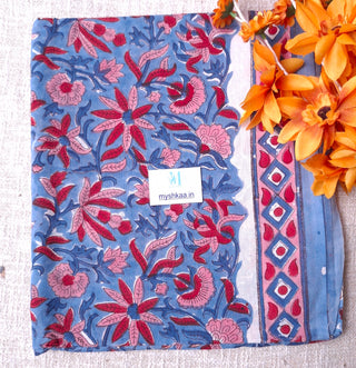 Blue Cotton Handblock Office Wear Suit fabric with Kota Doria Dupatta