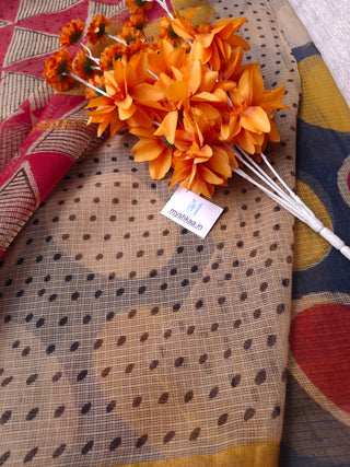 Polka Dots Handblock Print Kota Doria Cotton Saree with Zari Border and Unstitched Blouse Piece
