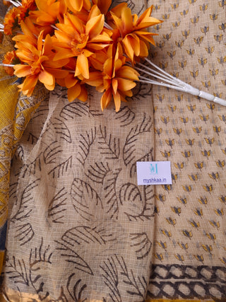 Ajrakh Handblock Print Kota Doria Cotton Saree with Zari Border and Unstitched Blouse Piece