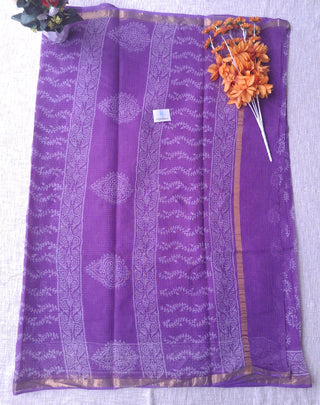 Handblock Print Kota Doria Saree with Zari border and Unstitched Blouse Piece