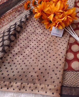 Handblock Print Kota Doria Cotton Saree with Zari border and Unstitched Blouse Piece