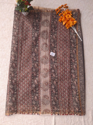 Handblock Print Kota Doria Cotton Saree with Zari border and Unstitched Blouse Piece