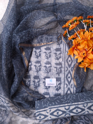 Green Cotton Handblock Office Wear Suit fabric with Kota Doria Dupatta