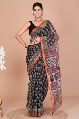 Handblock Print Kota Doria Cotton Saree with Zari border and Unstitched Blouse Piece