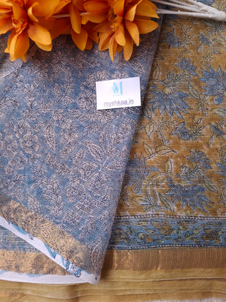 Mustard Hand Block Print Kota Doria Cotton Saree with zari border and unstitched Blouse Piece