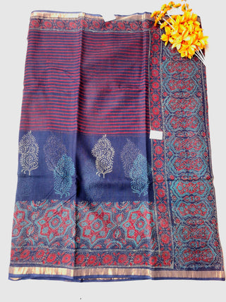 Blue Ajrakh Handblock Print Kota Doria Saree with blouse piece