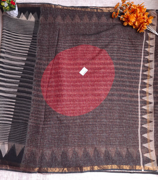 Ajrakh Handblock Print Kota Doria Cotton Saree with Zari Border and Unstitched Blouse Piece