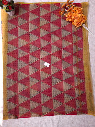 Polka Dots Handblock Print Kota Doria Cotton Saree with Zari Border and Unstitched Blouse Piece