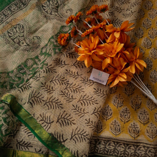 Yellow Hand Block Printed Kota Doria Cotton Saree with Unstitched Blouse Piece