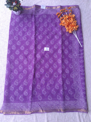 Handblock Print Kota Doria Saree with Zari border and Unstitched Blouse Piece