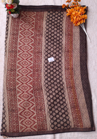 Handblock Print Kota Doria Cotton Saree with Zari border and Unstitched Blouse Piece