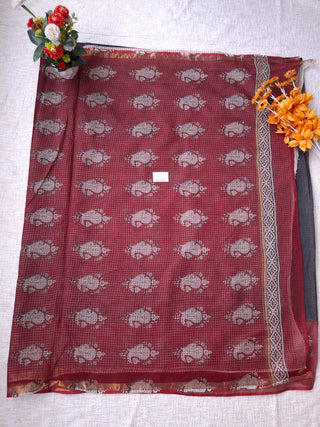 Black Handblock Print Kota Doria Cotton Saree with zari border and unstitched Blouse Piece