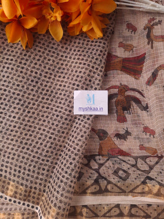 Handblock Print Kota Doria Cotton Saree with Zari border and Unstitched Blouse Piece