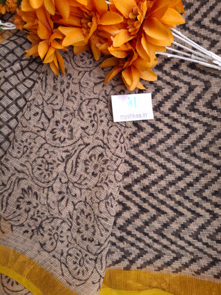 Black Stripes Hand Block Print Kota Doria Cotton Saree with zari border and unstitched Blouse Piece