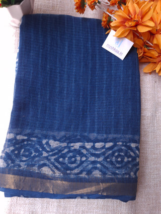 Handblock Print Kota Doria Cotton Saree with Zari border and Unstitched Blouse Piece