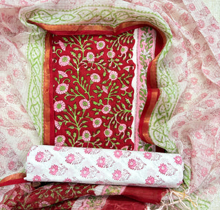 Cotton Handblock Office Wear Suit fabric with Kota Doria Dupatta